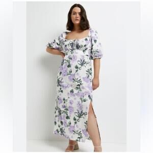 River Island Linen Blend Milkmaid Midi Dress Purple White Floral UK 20/US 16